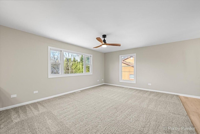 unfurnished room with carpet floors and ceiling fan