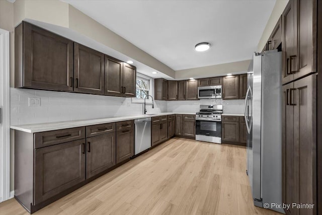 kitchen with sink, decorative backsplash, stainless steel appliances, dark brown cabinets, and light wood-type flooring