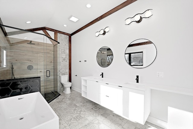 full bathroom featuring shower with separate bathtub, lofted ceiling, vanity, and toilet