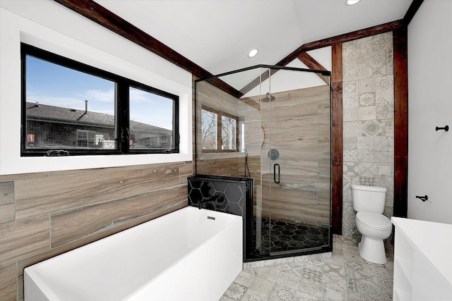 bathroom with shower with separate bathtub, tile walls, and toilet