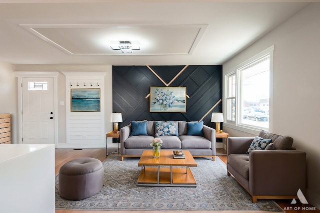 living room featuring dark wood-type flooring