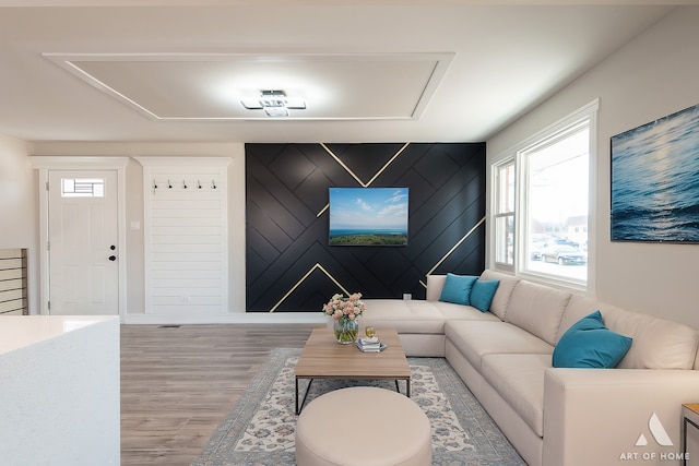 living room with hardwood / wood-style flooring