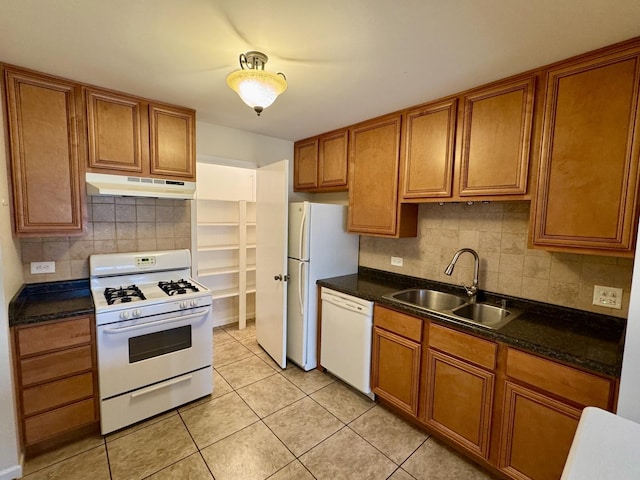 kitchen featuring sink, white appliances, light tile patterned floors, and backsplash