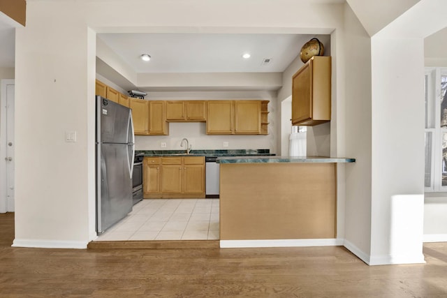 kitchen with stainless steel appliances, sink, and light wood-type flooring