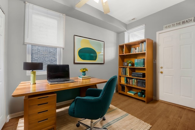 office space featuring light hardwood / wood-style floors and ceiling fan