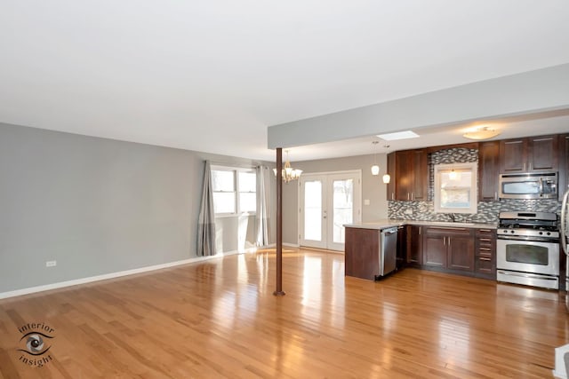 kitchen featuring light hardwood / wood-style flooring, appliances with stainless steel finishes, kitchen peninsula, pendant lighting, and decorative backsplash