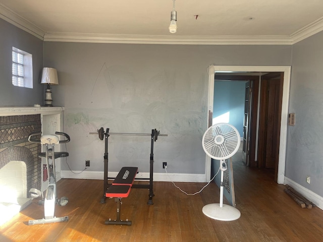 exercise room with crown molding and dark hardwood / wood-style floors