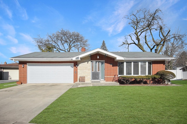 ranch-style house featuring a garage and a front lawn