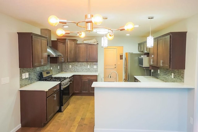 kitchen with pendant lighting, light hardwood / wood-style flooring, stainless steel appliances, and tasteful backsplash