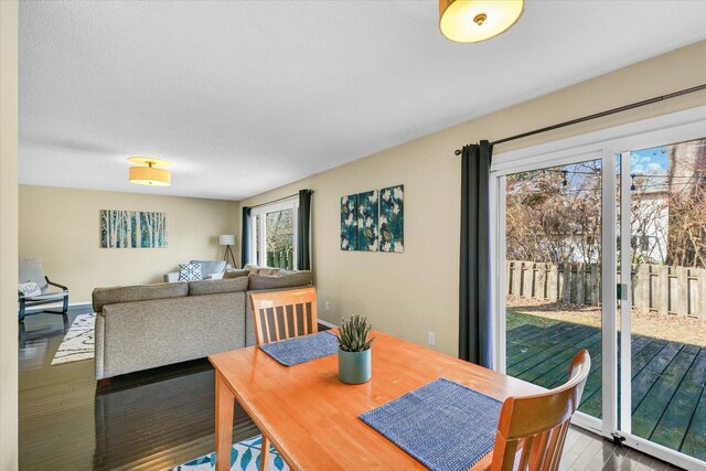 dining room featuring hardwood / wood-style floors and a textured ceiling