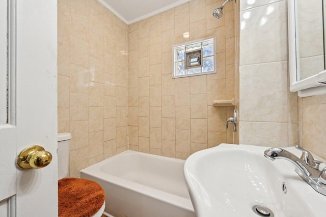 939 N Grace St, Lombard, IL 60148 - full bathroom with ornamental molding, toilet, sink, and tile walls
