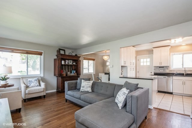 living room featuring sink and wood-type flooring