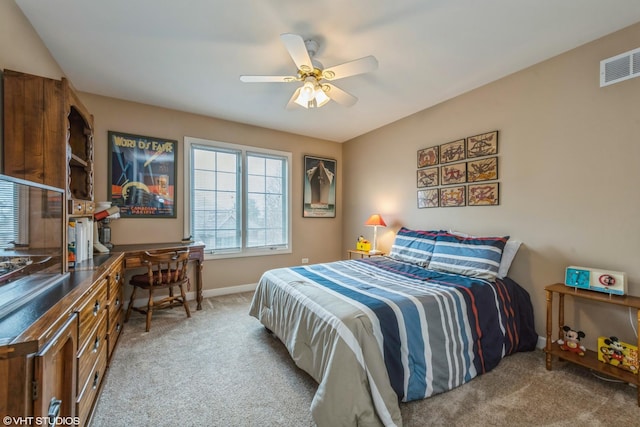 carpeted bedroom featuring ceiling fan