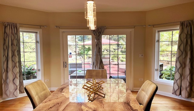 dining space with light hardwood / wood-style floors