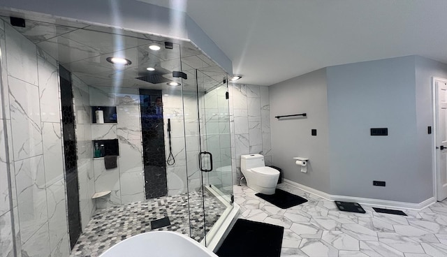 bathroom with an enclosed shower and toilet