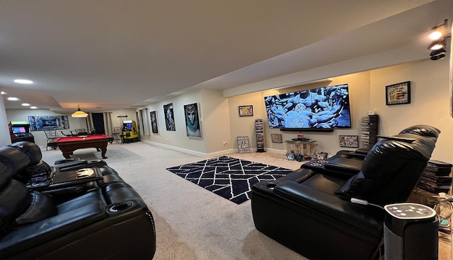 carpeted home theater with billiards