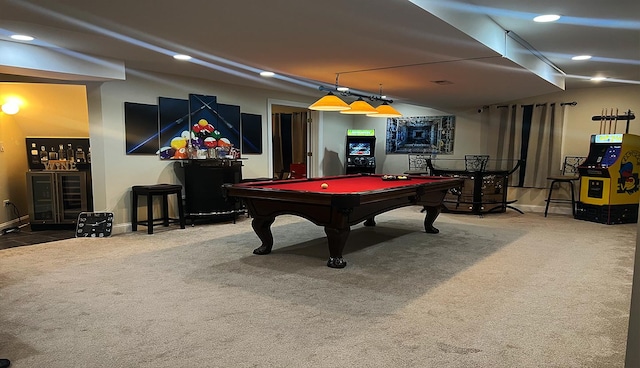 recreation room with pool table and carpet