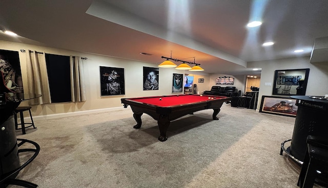 recreation room with carpet floors and billiards