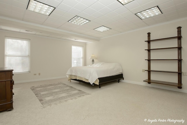 bedroom with crown molding and light colored carpet