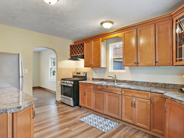 kitchen with sink, a wealth of natural light, light hardwood / wood-style floors, and appliances with stainless steel finishes