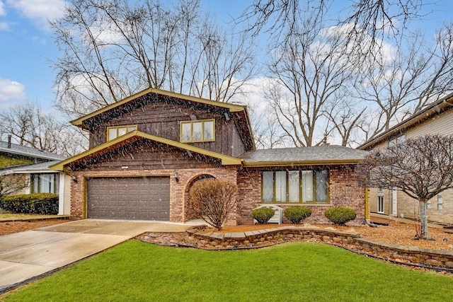 view of front facade with concrete driveway, brick siding, and a front lawn