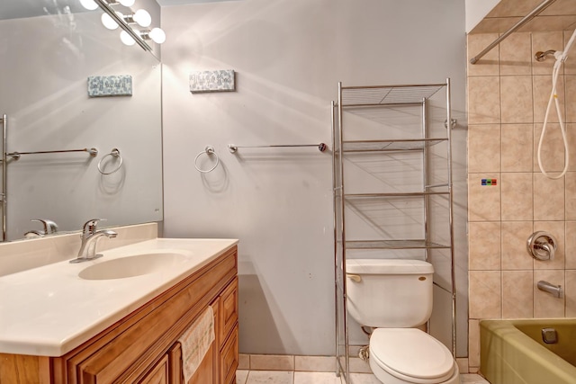 full bathroom with bathing tub / shower combination, vanity, toilet, and tile patterned floors