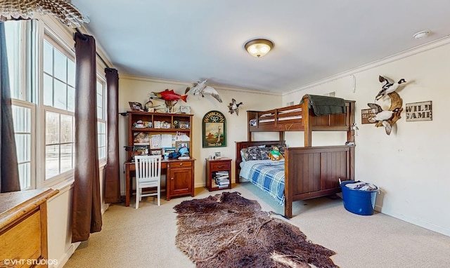 carpeted bedroom with crown molding