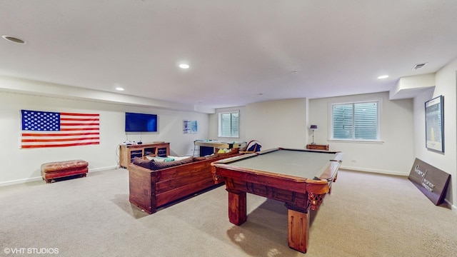 recreation room with pool table and light colored carpet