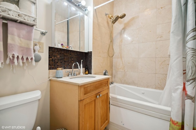 full bathroom with tasteful backsplash, vanity, toilet, and shower / bath combo with shower curtain