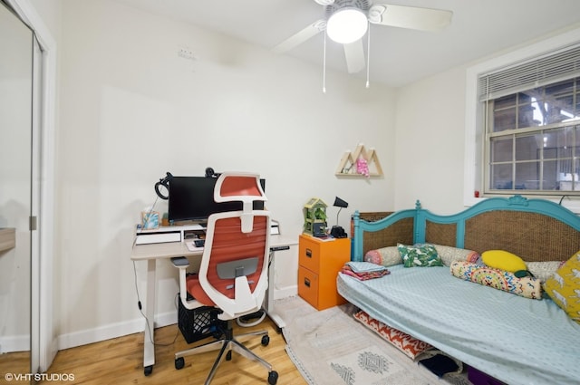 bedroom with hardwood / wood-style flooring and ceiling fan