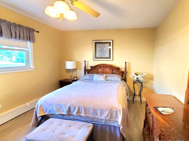 bedroom with wood-type flooring, ceiling fan, and baseboard heating