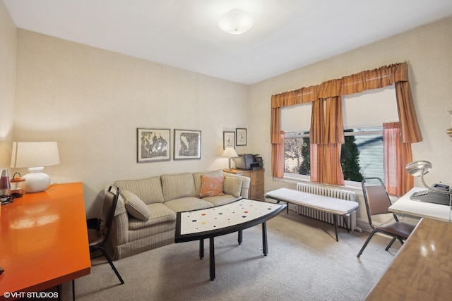 carpeted living room featuring radiator heating unit