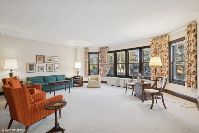 carpeted living room with crown molding, radiator heating unit, and a healthy amount of sunlight