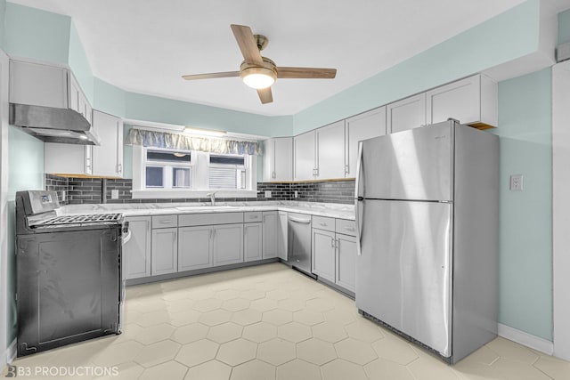 kitchen with tasteful backsplash, ceiling fan, stainless steel appliances, and gray cabinets