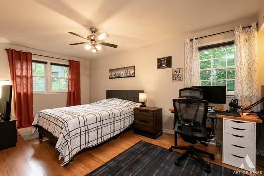 bedroom with multiple windows, ceiling fan, and light hardwood / wood-style floors