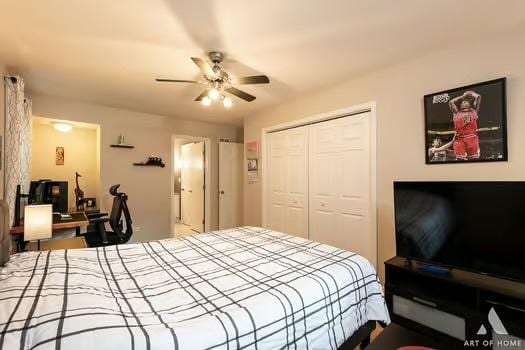 bedroom featuring a closet and ceiling fan