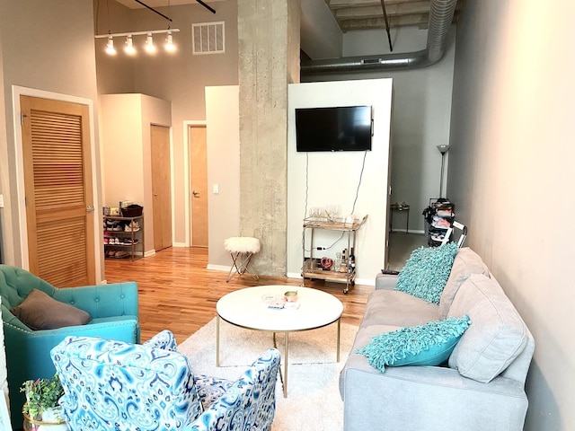 living room featuring a towering ceiling and wood-type flooring