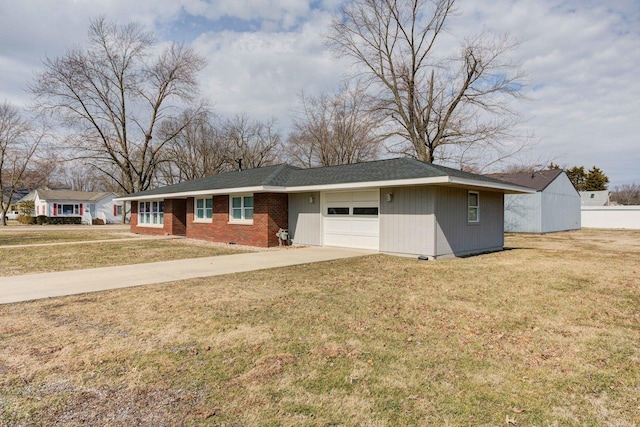 single story home featuring driveway, brick siding, crawl space, and a front yard