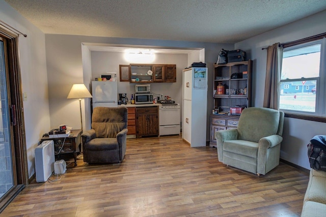 sitting room with light wood-style flooring, baseboards, and a textured ceiling