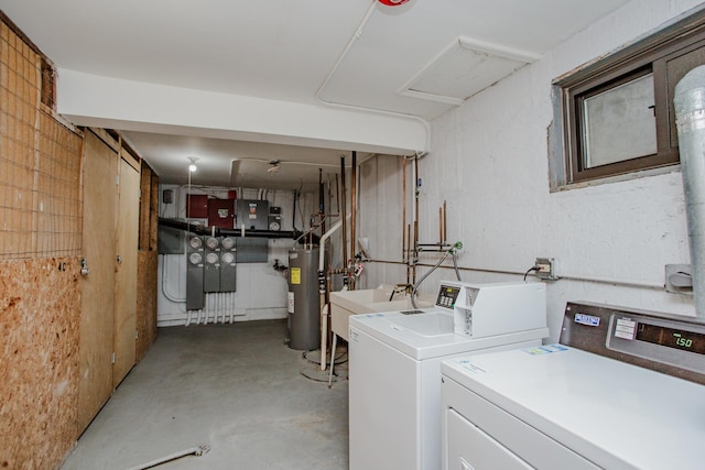 laundry room featuring independent washer and dryer, sink, and water heater