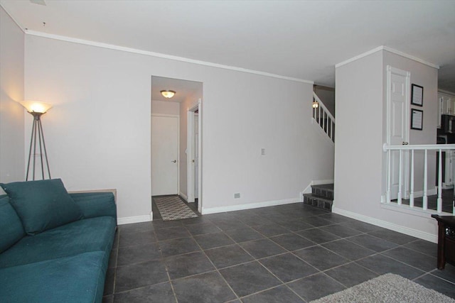 tiled living room with ornamental molding