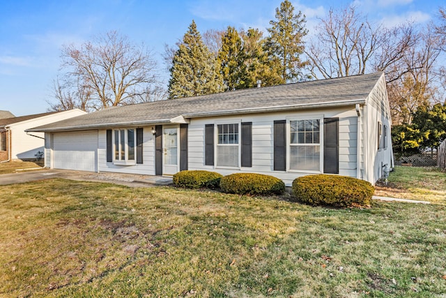 single story home featuring driveway, a front yard, a garage, and fence