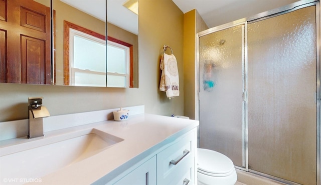 bathroom featuring toilet, a stall shower, and vanity