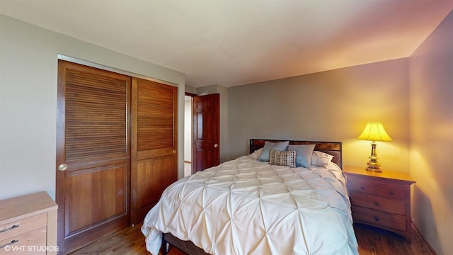 bedroom with wood finished floors and a closet