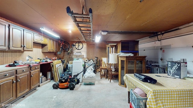 garage with a workshop area