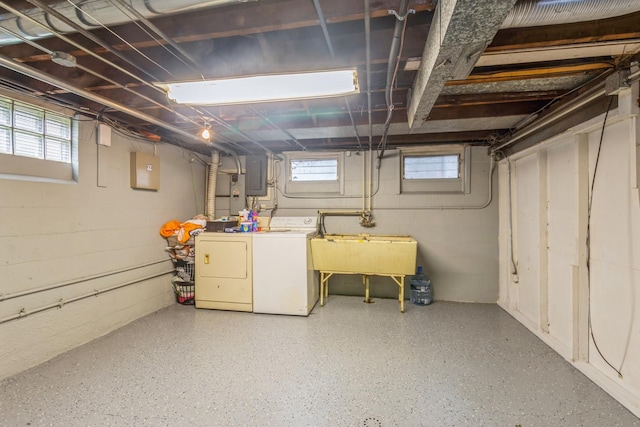 basement with sink, electric panel, and independent washer and dryer