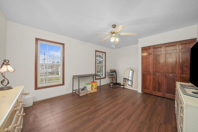 interior space with dark hardwood / wood-style flooring and ceiling fan