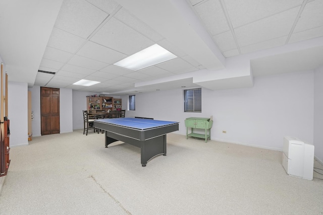 playroom featuring light colored carpet, billiards, and a drop ceiling