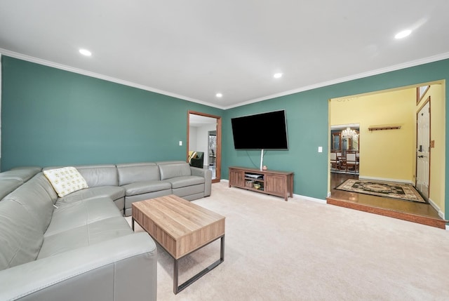 carpeted living room with crown molding