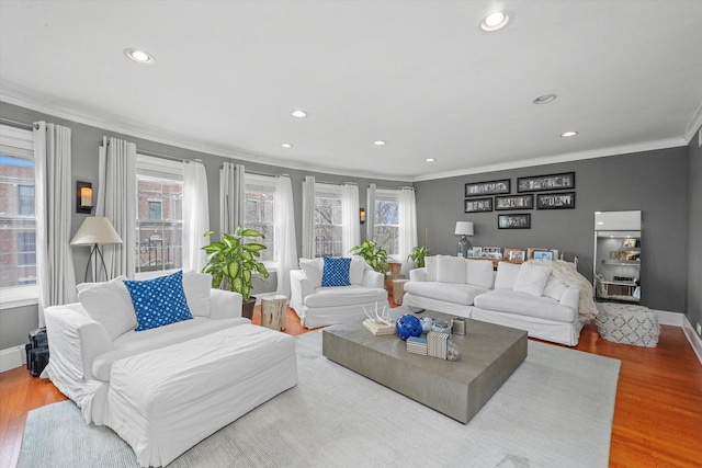 living room featuring hardwood / wood-style flooring and crown molding